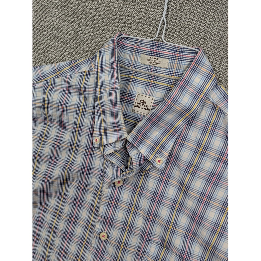 Peter Millar Shirt Mens Large Blue Plaid Short Sleeve Button Up Cotton Casual
